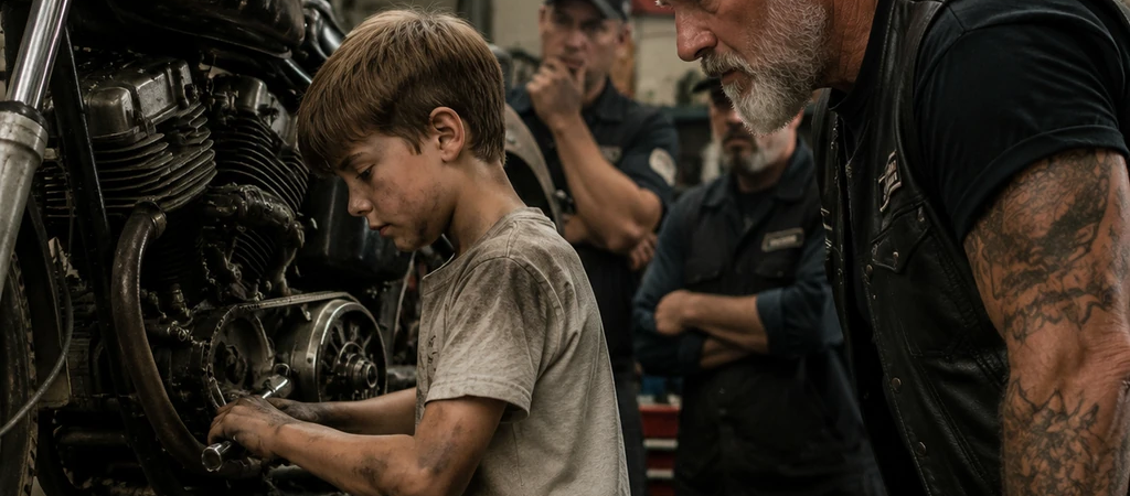 The mechanics had already given up on the bike when an eight-year-old boy stepped out of the back of the shop and said he could fix it. What happened next made the whole garage go quiet.